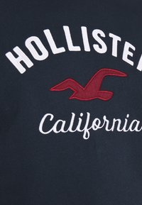 Marinblå t-shirt med vit text "HOLLISTER" och röd text "California", samt en röd broderad måsdesign. Mjuk bomullstyg.