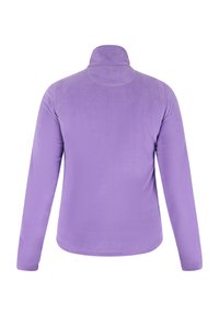 Paarse fleece pullover met lange mouwen en een hoge kraag. Het materiaal heeft een zachte textuur en is uitgevoerd in een effen kleur zonder patronen of accenten.