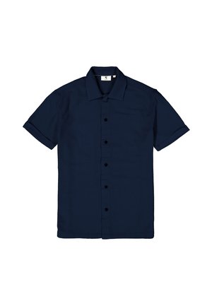 Camisa de manga corta tipo camisa en azul marino. Hecha de una tela texturizada, presenta un cuello clásico y seis botones negros en la parte delantera.