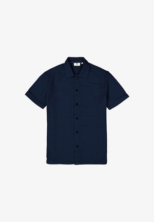 Kurzarm-Hemd mit Knopfleiste in Marineblau. Hergestellt aus strukturiertem Stoff, mit einem klassischen Kragen und sechs schwarzen Knöpfen auf der Vorderseite.