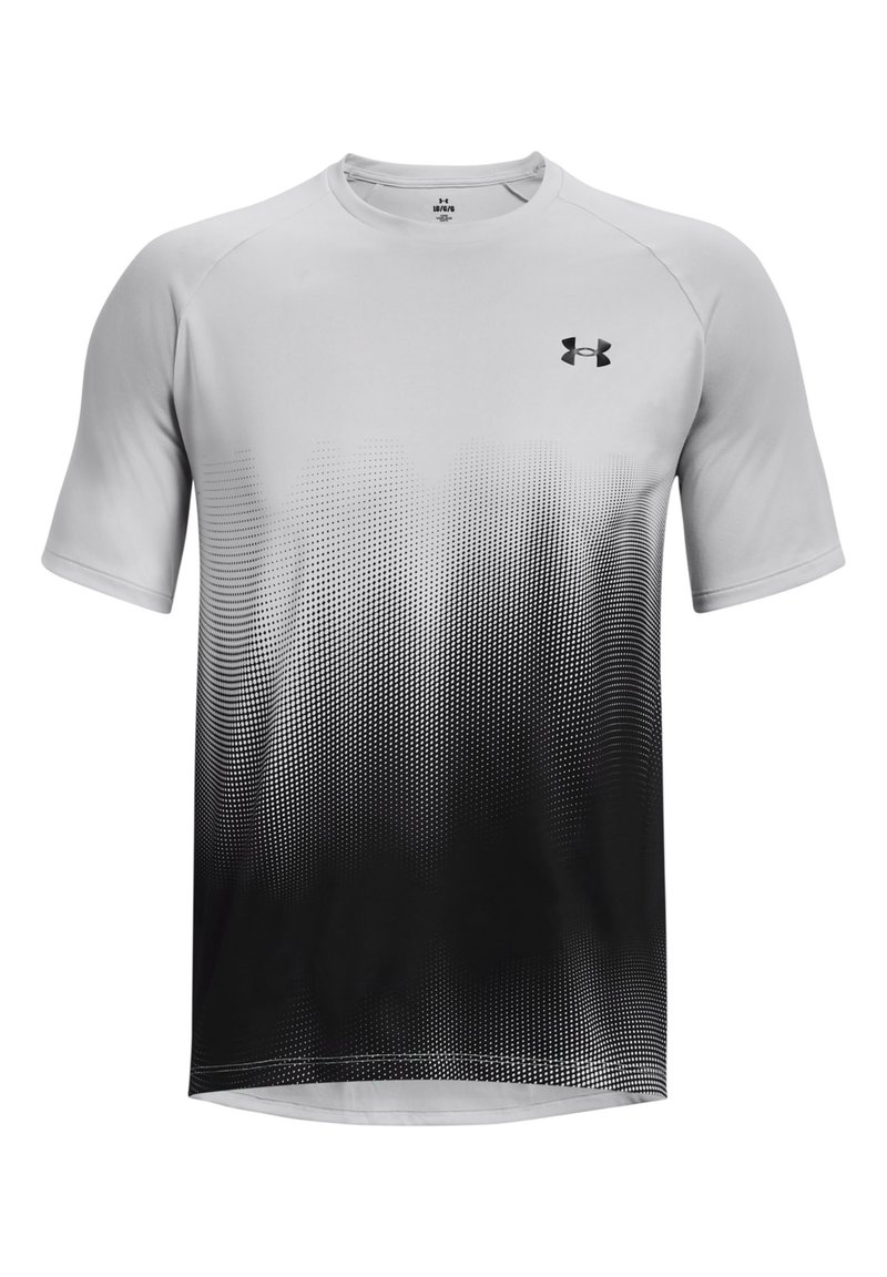 Camiseta atlética de manga corta en degradado de gris a negro. Fabricada con tejido ligero con un patrón de puntos y un pequeño logo en el pecho.