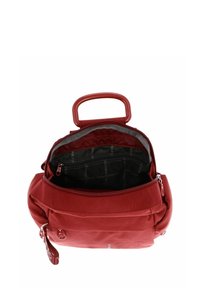 Borsa in poliestere rosso con manico superiore, scomparti con cerniera e una superficie esterna sintetica. Presenta una tasca interna e dettagli con logo.