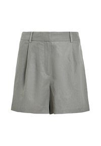 Pantaloni corti grigi chiari realizzati in tessuto testurizzato, con vita alta e davanti piatto, dotati di due pieghe frontali e senza chiusure visibili.
