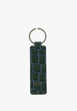 Dark green leather keychain with crocodile pattern and small silver bull logo attached to a metal ring.