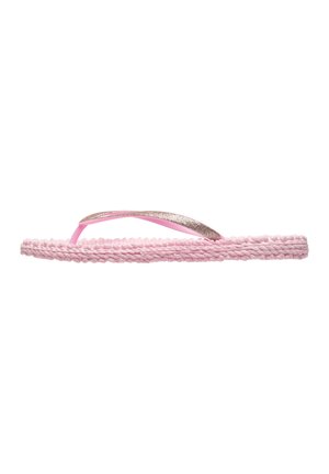 Pink braided sole flip-flop with glittery rose gold strap, side view, isolated on white background.