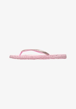 Pink braided sole flip-flop with glittery rose gold strap, side view, isolated on white background.