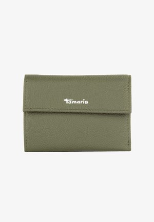 Olive green textured leather wallet with a fold-over flap and silver Tamaris brand logo centered on the front.