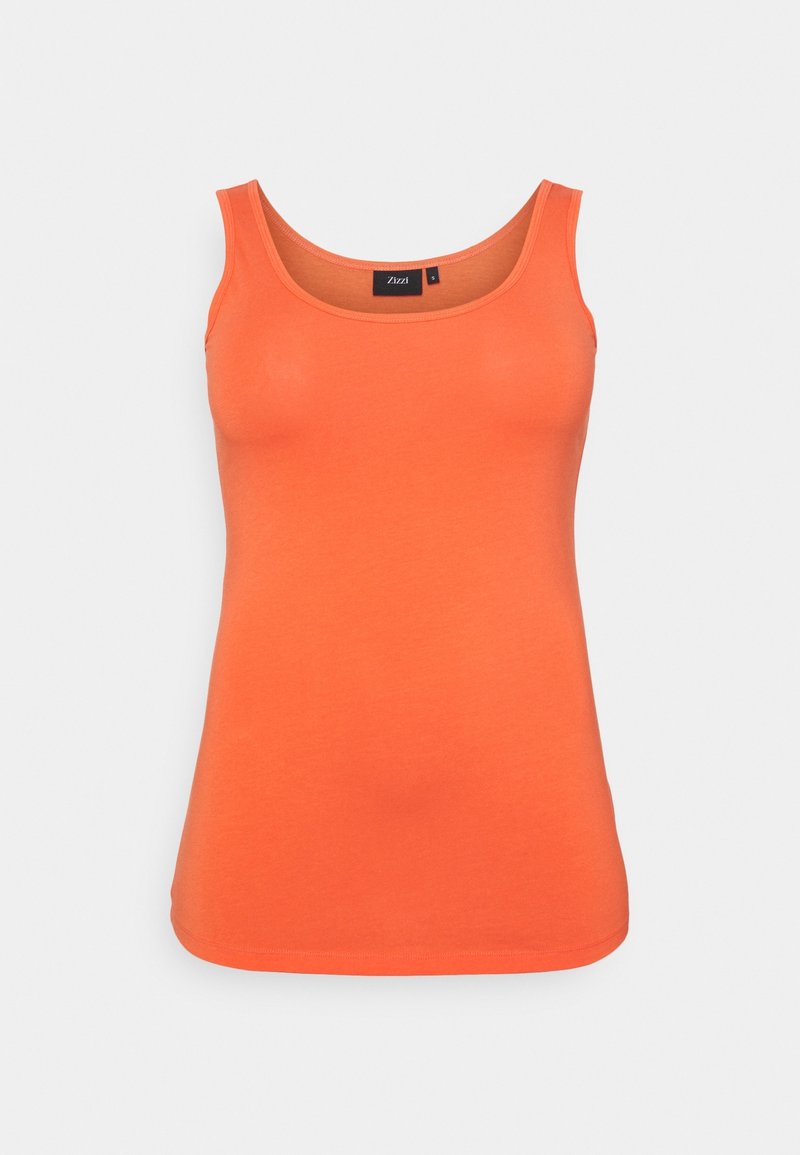 Débardeur orange sans manches avec col arrondi, tissu lisse et petite étiquette de marque noire au col sur fond clair uni.