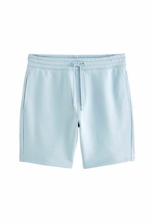 Lyseblå shorts med elastisk talje, justerbart snørebånd og sidelommer; lavet af blødt, glat materiale.