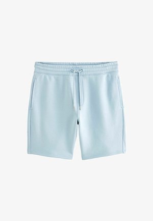 Shorts bleu clair avec une taille élastique, cordon de serrage ajustable et poches latérales ; fabriqués en matériau doux et lisse.