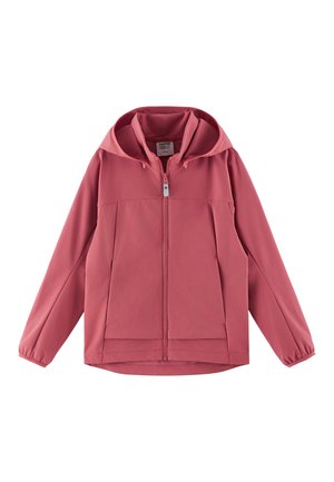 Veste à capuche rose avec fermeture éclair devant, manches longues, poignets élastiques et deux poches avant sur fond blanc.