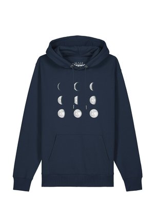 Navyblauer Kapuzenpullover mit Kordelzug und Fronttasche, mit einer Grafik von neun Mondphasen in drei vertikalen Spalten.