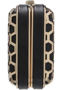 Černé a zlaté psaníčko s geometrickým vzorem medové plástve a hladkými koženými doplňky, s kovovým rámečkem a zapínáním na sponu.