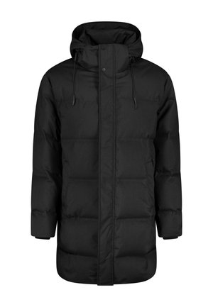 Cappotto imbottito nero con cappuccio, caratterizzato da un colletto alto, chiusura frontale a scatto e due tasche laterali con zip. Realizzato in materiale liscio e strutturato.