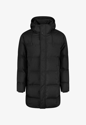 Schwarze gepolsterte Jacke mit Kapuze, hochschließendem Kragen, Vorderseite mit Druckknopfverschluss und zwei seitlichen Reißverschlusstaschen. Hergestellt aus glattem, strukturiertem Material.