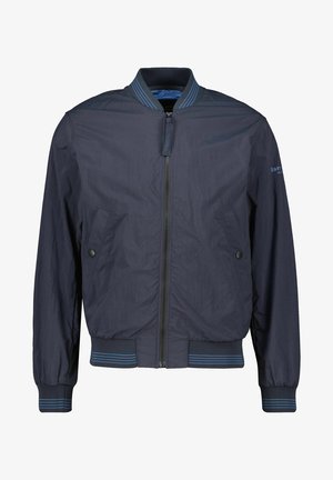 Navy bomber jacket made of lightweight material, featuring ribbed cuffs and hem, a front zipper, and two side pockets.