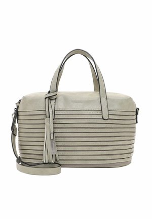 Szara skórzana torebka z poziomymi paskami, dwoma uchwytami, odpinanym paskiem na ramię oraz ozdobą w postaci chwostu. Gładka faktura i uporządkowany kształt.