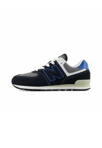 Black, gray, white, and blue New Balance sneaker with lace-up design, cushioned sole, and large "N" logo on the side.