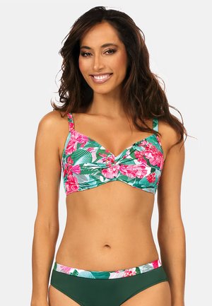 Bikini górna część o kwiecistym wzorze na zielonym tle, z twisted front design i regulowanymi ramiączkami. Spodnie w jednolitym zielonym kolorze. Gładka tekstura.