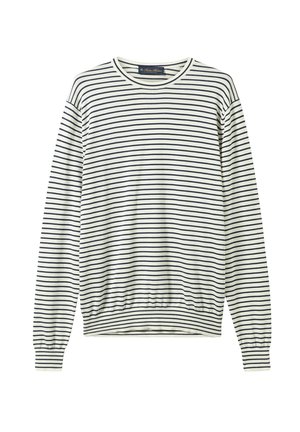 Felpa a righe in crema e blu scuro, con collo rotondo, polsini e orlo a costine. Tessuto morbido con righe orizzontali su tutta la superficie.