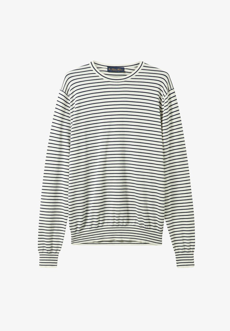 Sweatshirt rayé en crème et bleu marine, avec un col rond, des poignets et un ourlet côtelés. Tissu doux avec des rayures horizontales sur l'ensemble.