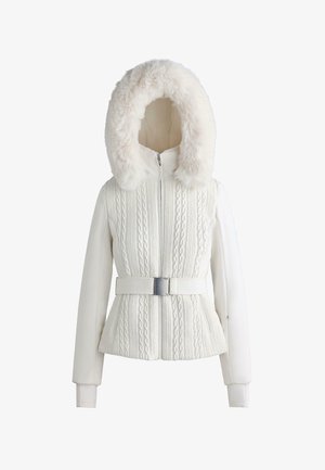 Bijela jakna s teksturiranim prednjim dijelom pletenim u kabel uzorak, glatkim rukavima te kapuljačom obloženom krznom. Uključuje pojas u struku i zatvaranje na patentni zatvarač sprijeda.