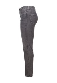 Jean en denim gris slim-fit avec cinq poches, fermeture éclair et détails de couture discrets. Texture lisse avec une finition délavée.