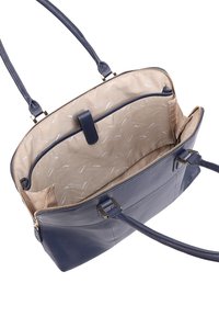 Sac en cuir marine avec deux poignées, fermeture éclair, et intérieur beige comportant un motif subtil et plusieurs compartiments pour l'organisation.