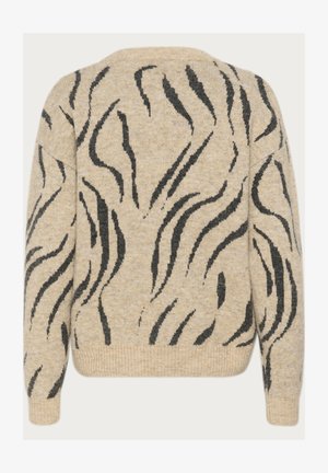 Adīts džemperis gaiši beiga krāsā ar melniem viļņu rakstiem. Ir apaļa apkakle, garas piedurknes un ribota mala un piedurknes. Mīksta tekstūra.