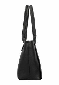 Borsa tote in pelle nera con finitura testurizzata, base piatta e due manici lunghi. Silhouette affusolata con design pulito e minimalista.