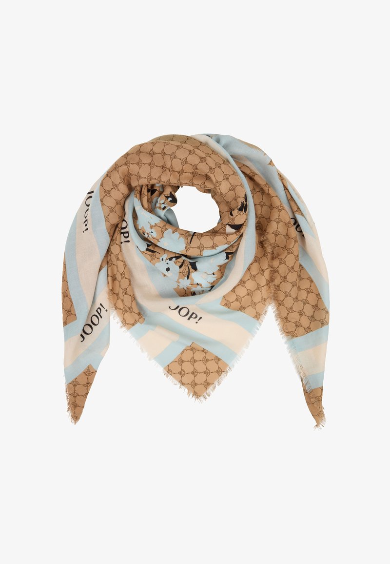 Écharpe triangulaire bleu clair, beige et marron avec des motifs floraux et géométriques, ainsi que des accents de texte "JOOP!".