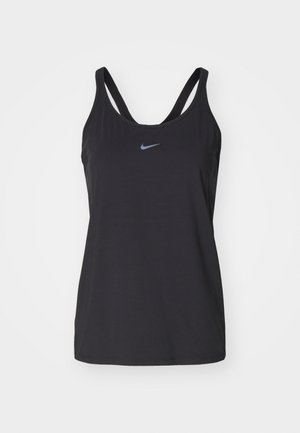 Must mustrikk mustan V-kaelusega sporttop, millel on õhukesed rihmad ja rinnal väike helendav Nike logo. Pehme, kerge kangas.