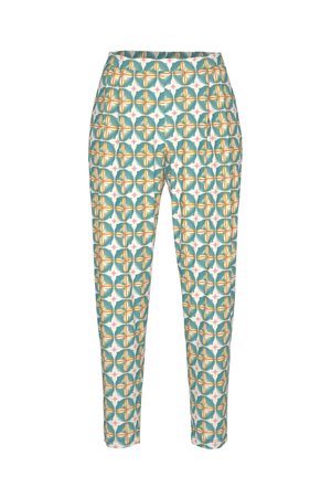 Broek met een patroon van een geometrisch ontwerp in teal, wit en oranje. Gemaakt van een lichtgewicht stof met een slanke pasvorm en een elastische tailleband.