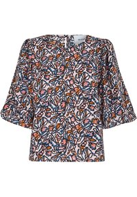 Blusa con stampa floreale in rosa, blu e marrone, caratterizzata da scollo rotondo, maniche a campana e chiusura posteriore con occhiello. Tessuto leggero.