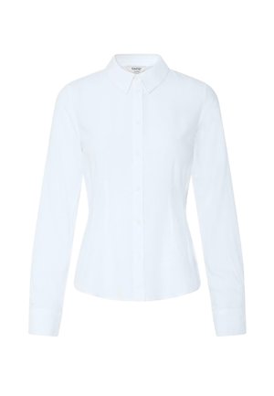 Dames wit langärmelig overhemd met knopen, kraag en getailleerde taille, getoond op een effen witte achtergrond.