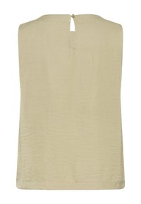 Blouse beige sans manches avec un col rond et une petite fermeture à bouton dans le dos.