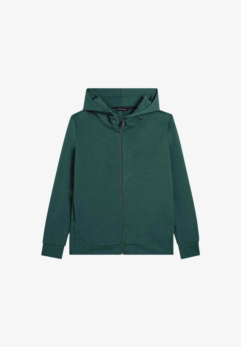 Sudadera con capucha verde hecha de un tejido suave, con cremallera frontal completa, bolsillos laterales y un diseño simple. Presenta un ajuste clásico.