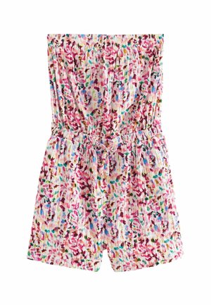 Strapless romper met elastische taille en meerkleurige abstracte bloemenprint in roze, blauw, groen en bordeauxrood op witte stof.