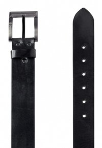 Black leather belt with a rectangular matte black buckle. Features a smooth texture, holes for adjustment, and a tapered end.