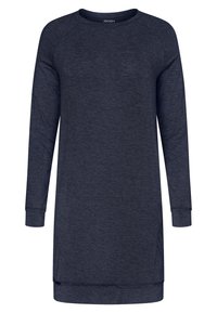 Abito blu navy a maniche lunghe con scollo rotondo, maniche raglan e polsini a coste. Presenta una linea dritta e un tessuto morbido e testurizzato.