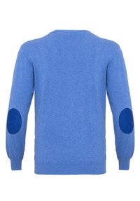 Pull bleu à manches longues avec des coudières ovales bleu foncé, poignets et ourlet côtelés, présenté de dos sur un fond blanc.