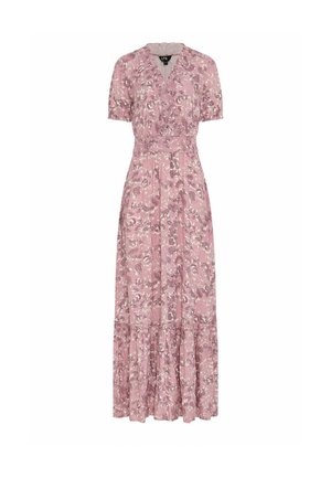 Vestido cruzado rosa con estampado floral, mangas cortas abullonadas, cintura elástica, escote en V con volantes y falda de capas que llega hasta el tobillo.