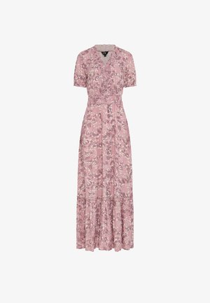 Roze bloemenwikkeljurk met korte pofmouwen, elastische taille, gerimpelde V-halslijn en geplooide rok tot aan de enkels.