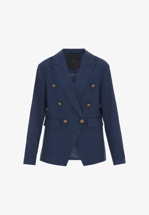 Marineblå dobbeltradet blazer lavet af glat stof med guldfarvede knapper, strukturerede revers og sidelommer.