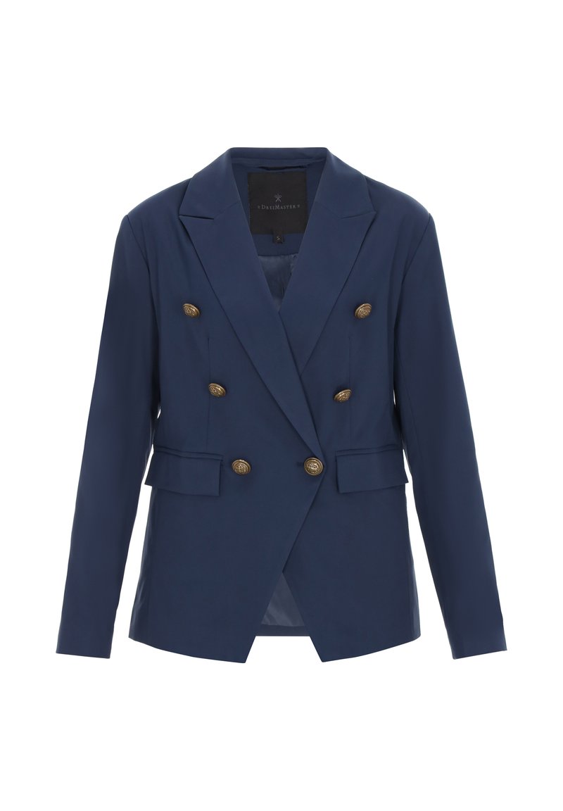 Marineblauwe dubbelgeknoopte blazer gemaakt van gladde stof met goudkleurige knopen, gestructureerde revers en zijzakken.