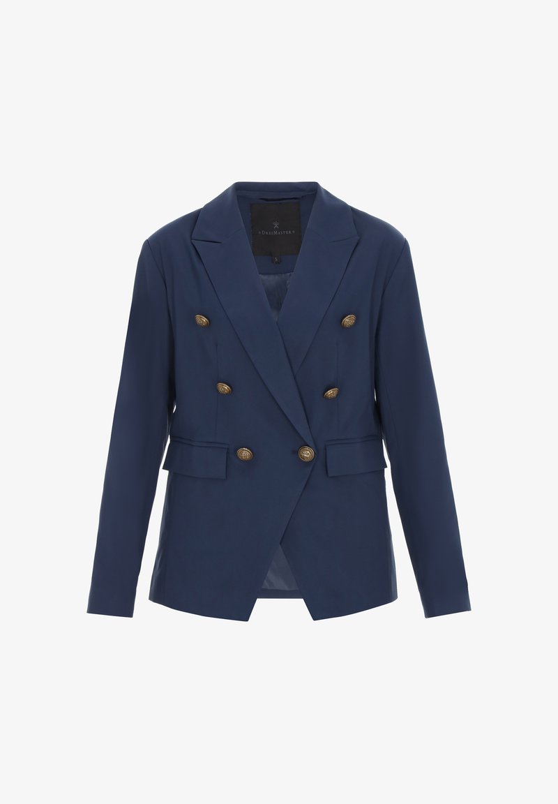 Marineblauwe dubbelgeknoopte blazer gemaakt van gladde stof met goudkleurige knopen, gestructureerde revers en zijzakken.