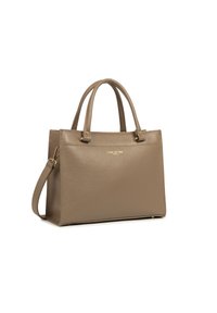 Borsa a mano in pelle beige con due manici arrotondati, una tracolla removibile, dettagli in metallo dorato e una finitura testurizzata.
