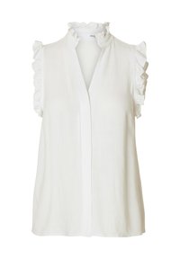 Vit ärmlös blus med en volangkrage och volanger vid armhålen. Har en knappslå framtill och är tillverkad av ett mjukt och lätt material.