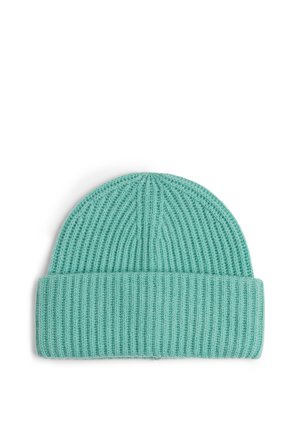 Mintgroene gebreide beanie met een geribbelde textuur, voorzien van een omgeslagen zoom en een ronde top. Gemaakt van zacht, flexibel materiaal.
