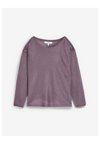 Long-sleeve top in shimmering lavender fabric, featuring a wide neckline and relaxed fit, with a smooth texture and minimal detailing.